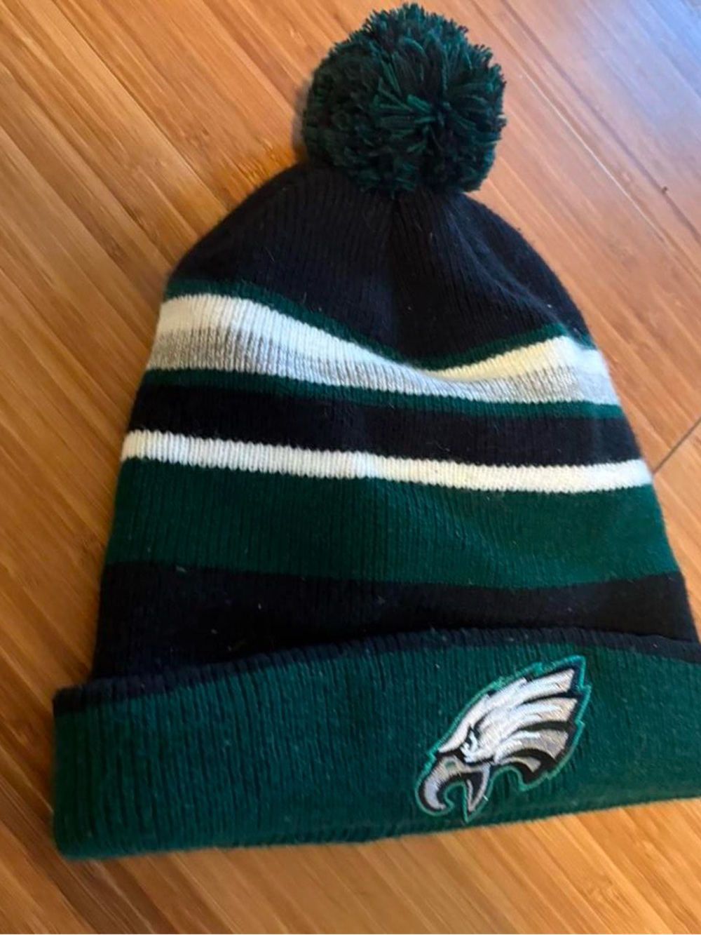 EAGLES NFL Green & Black Pom Beanie with White Stripes